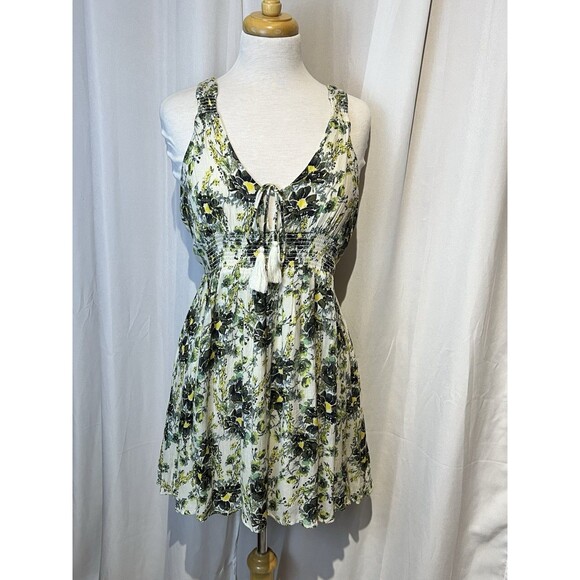 Free People Ivory/Green Floral Crinkled Boho Mini Dress - “Washed Ashore”  Small - Picture 3 of 6